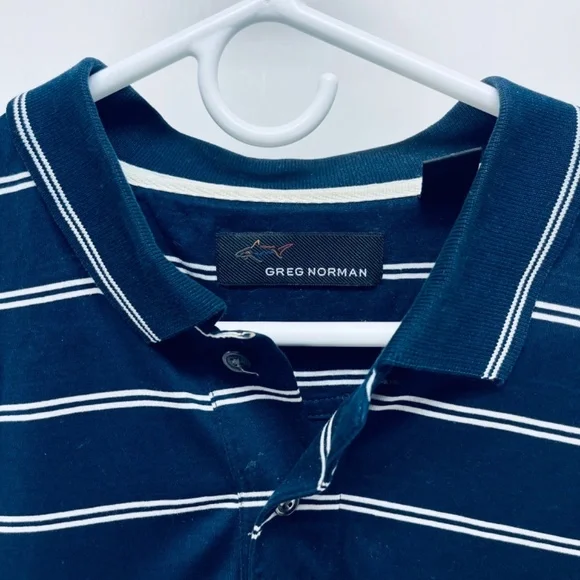 GREG NORMAN Shirt Size L Men's Navy White Striped Collared Button Front Polo - Picture 2 of 8